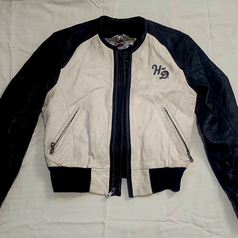 Womens Harley Davidson Black and White Leather Bomber Jacket